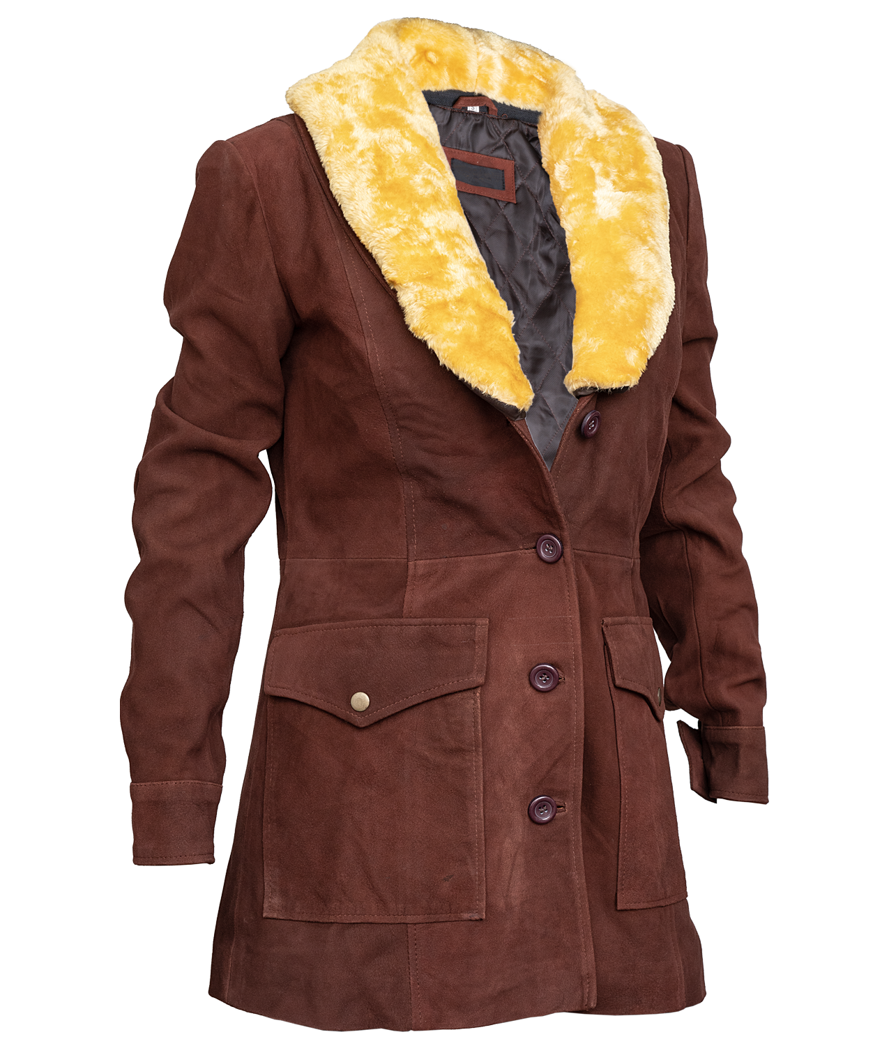 Brown Suede Leather Coat With Fur Collar For Women (3)