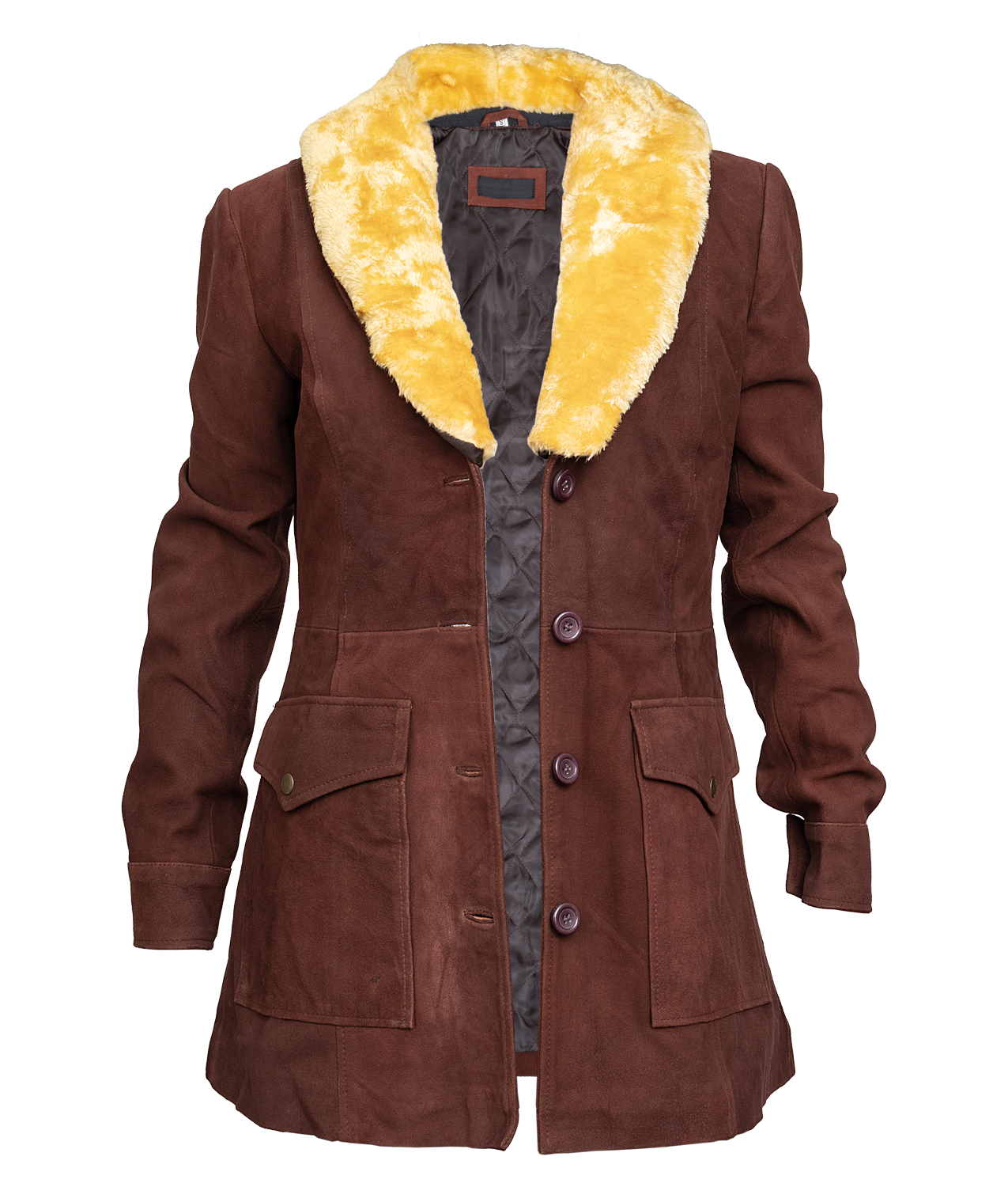 Brown Suede Leather Coat With Fur Collar For Women (4)