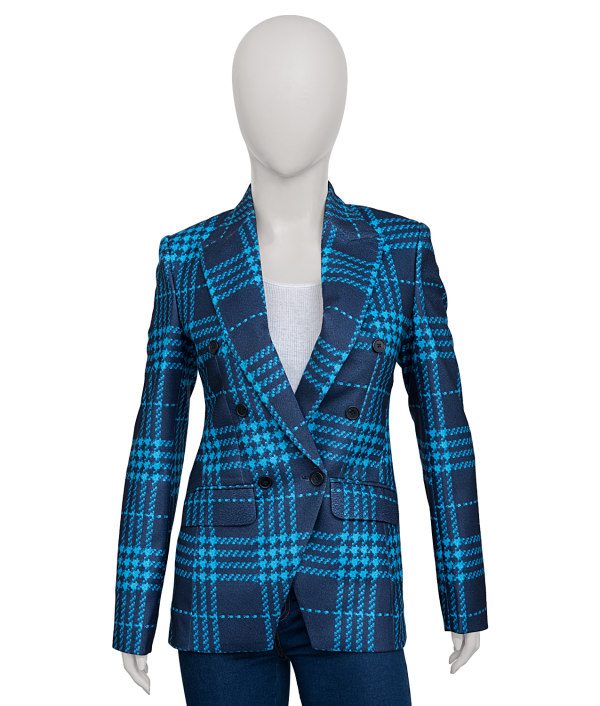 Women's Blue Double-Breasted Checkered Blazer (1)