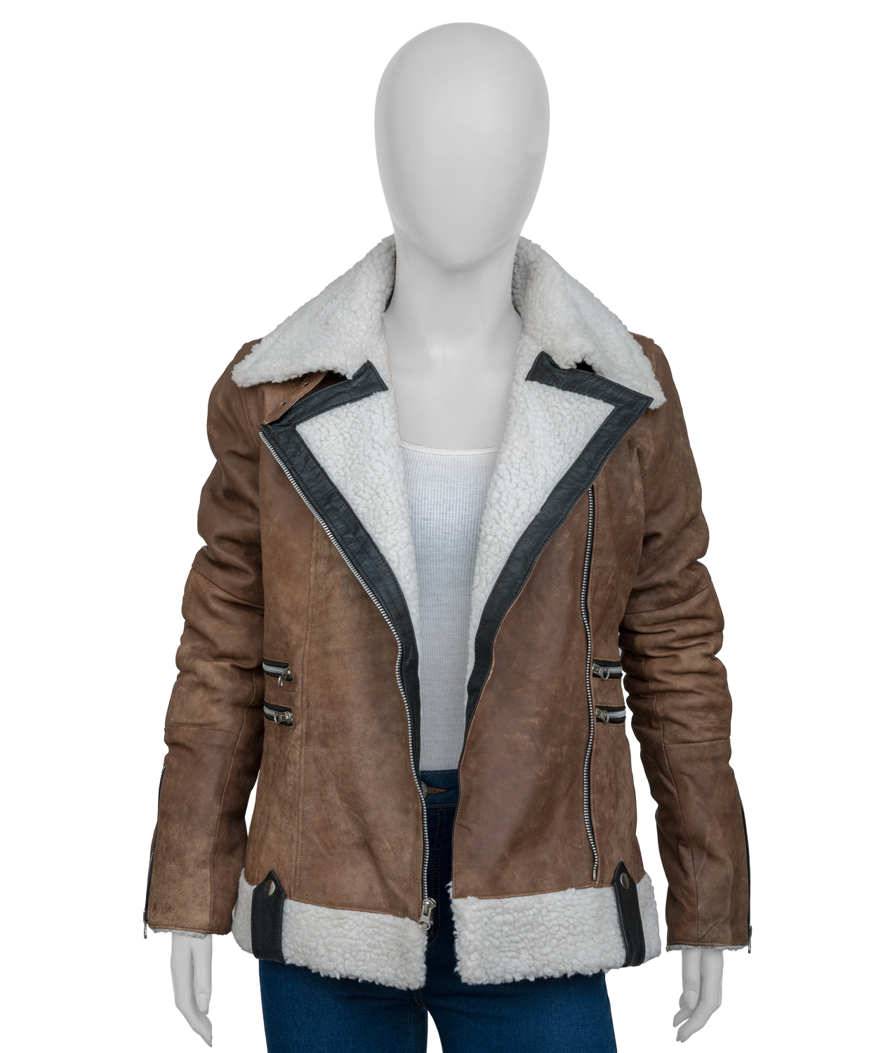 Women's Brown Faux Fur Asymmetrical Bikers Jacket (2)