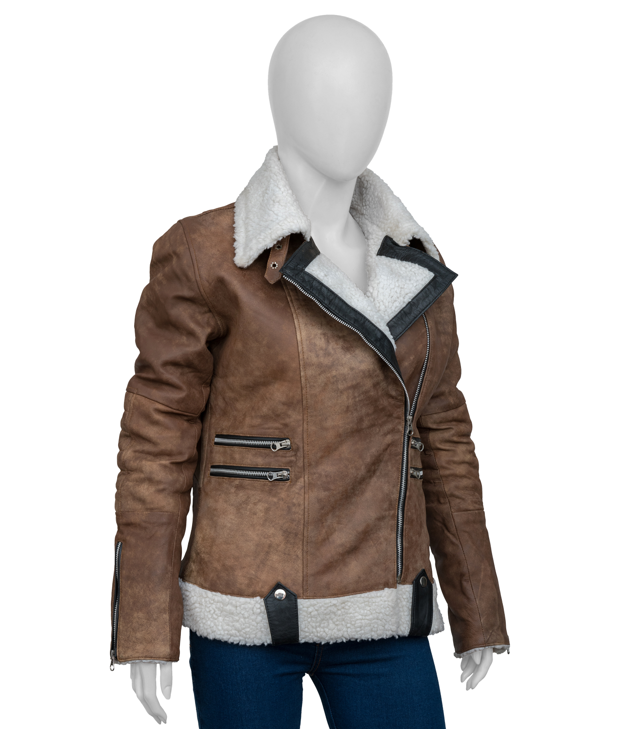 Women's Brown Faux Fur Asymmetrical Bikers Jacket (3)