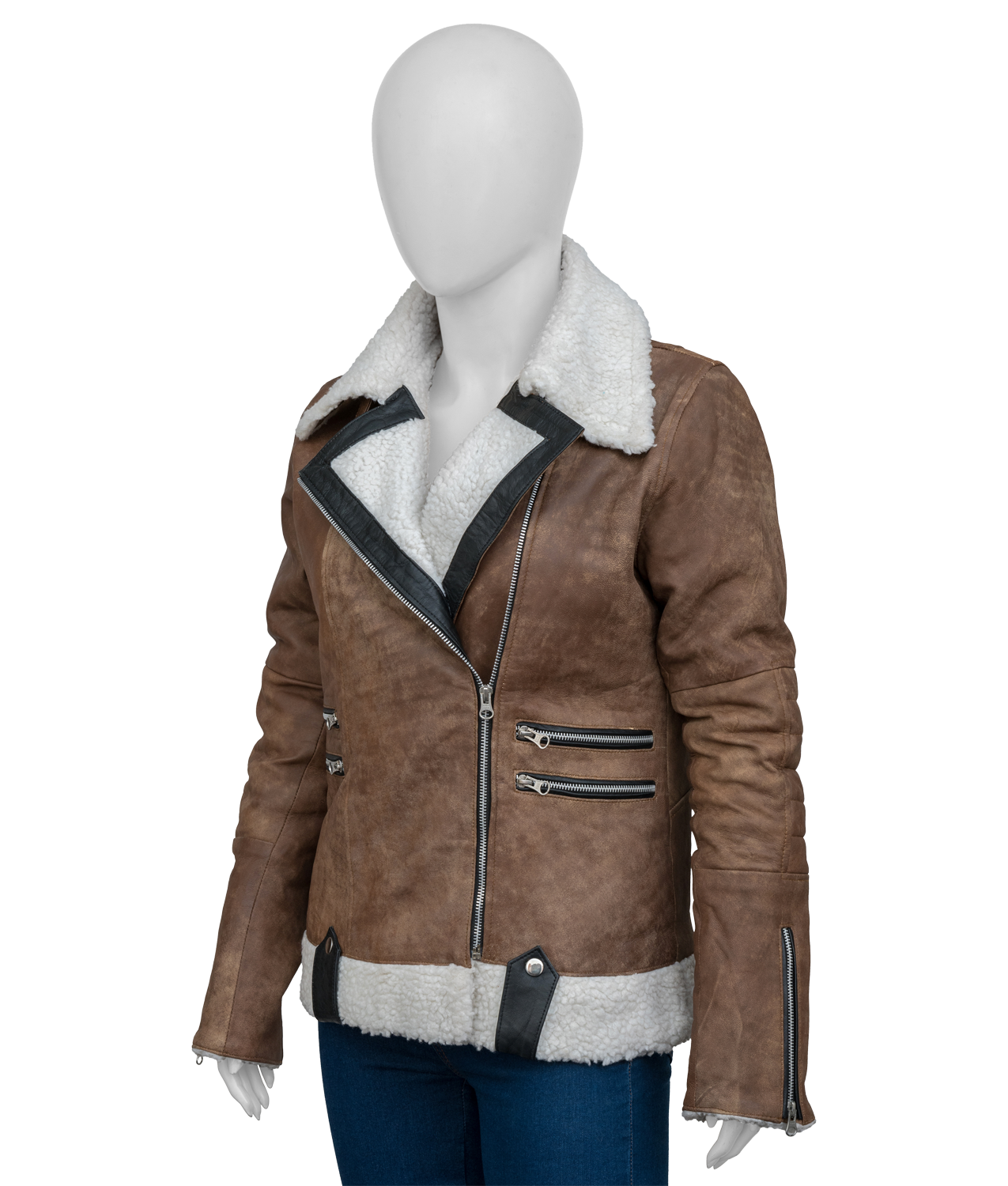 Women's Brown Faux Fur Asymmetrical Bikers Jacket (4)