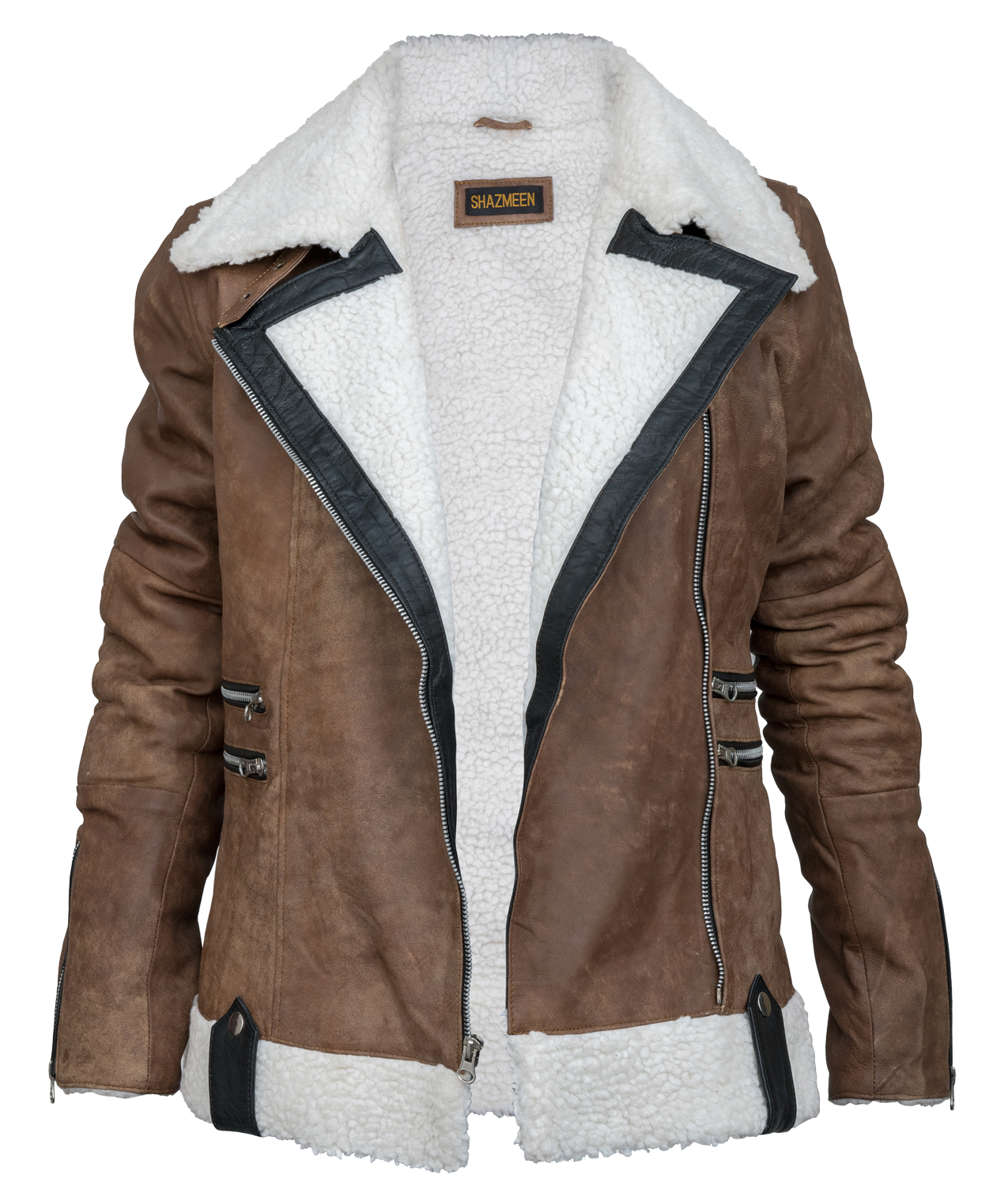 Women's Brown Faux Leather Asymmetrical Bikers Style Fur Jacket (1)