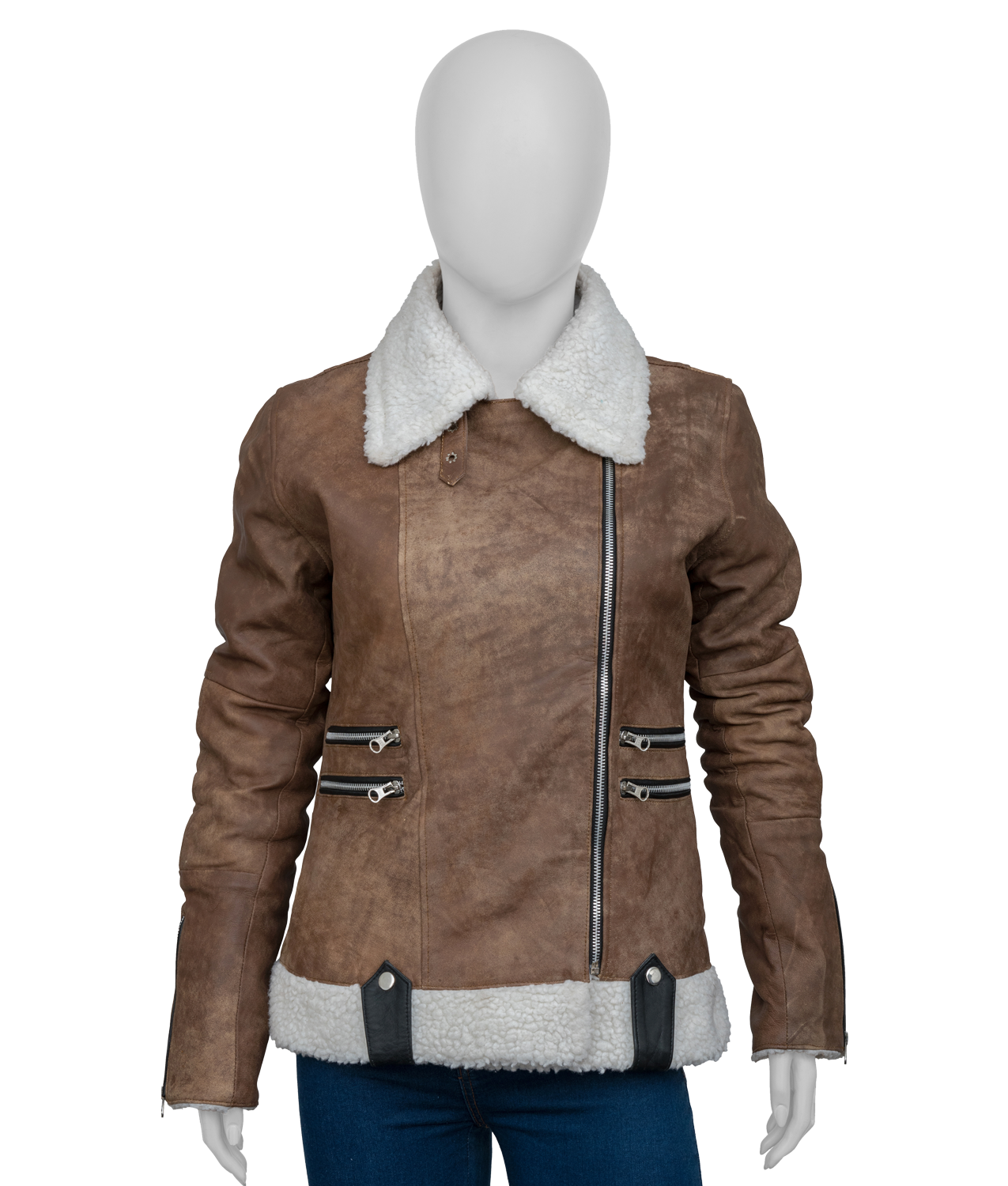 Women's Brown Faux Leather Asymmetrical Bikers Style Fur Jacket (3)