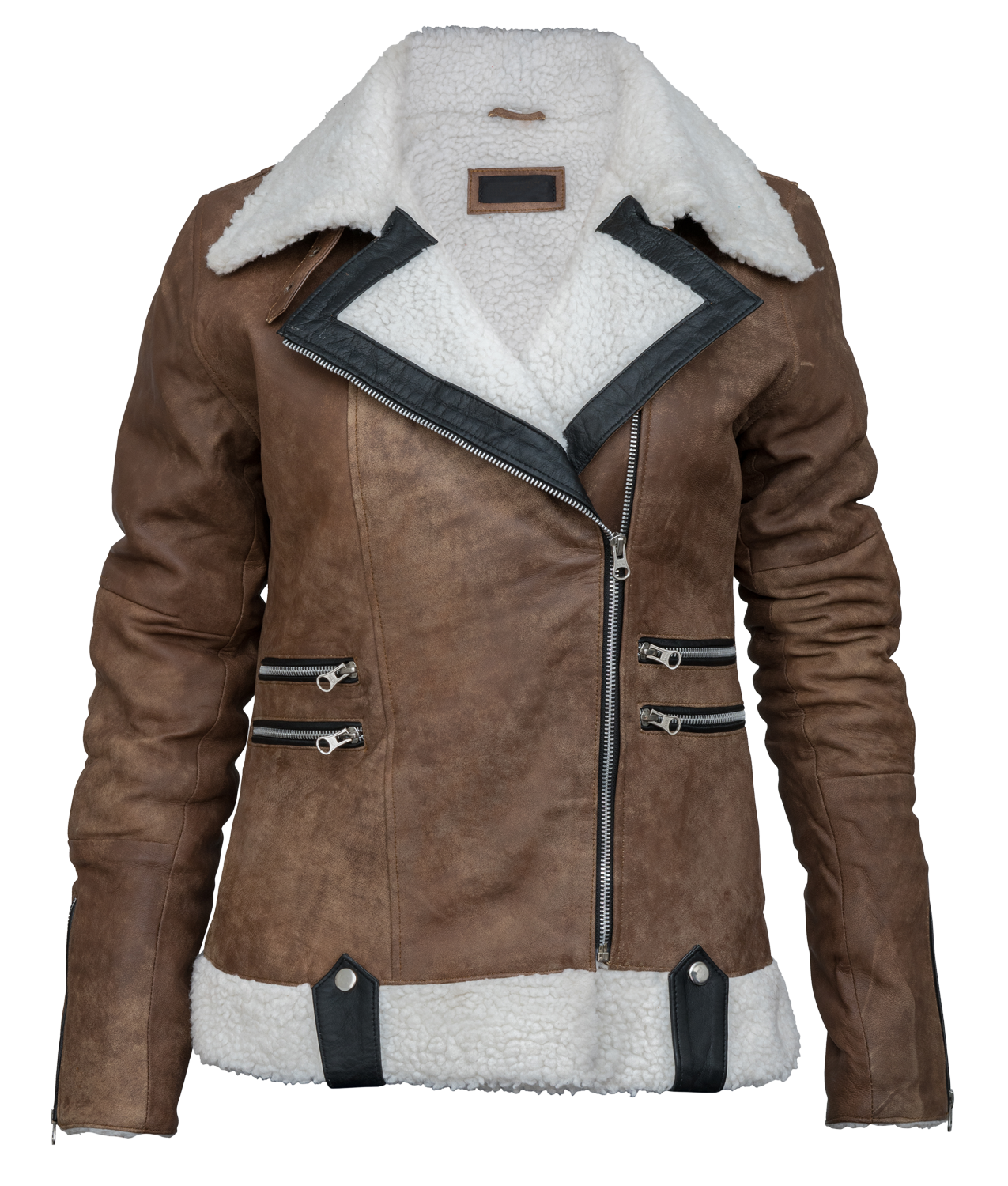 Women's Brown Faux Leather Asymmetrical Bikers Style Fur Jacket (4)