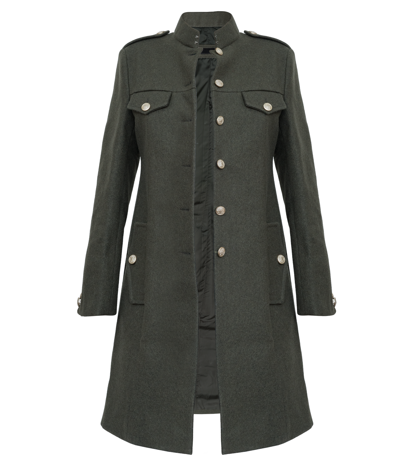 Women's Classic Green Military-Style Coat with Epaulettes (1)