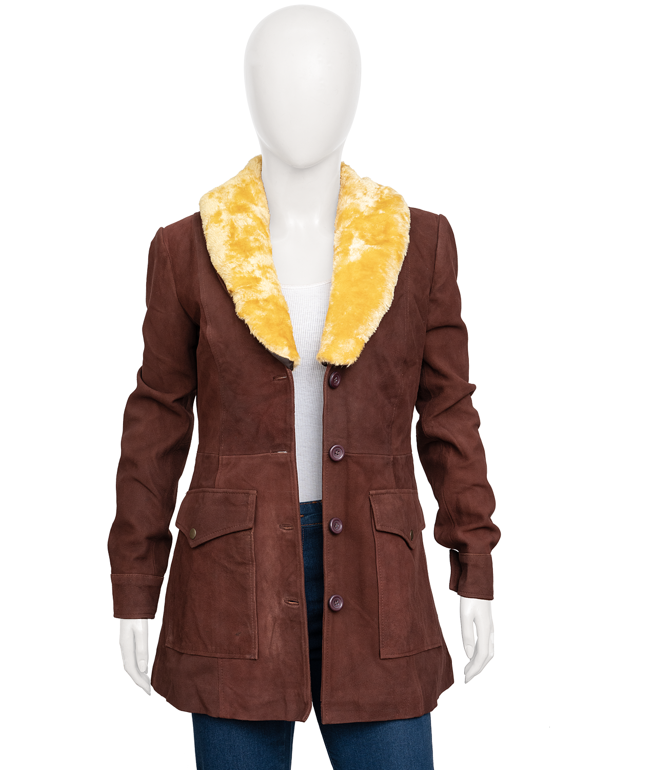 Women's Fur Collar Brown Suede Leather Coat (4)